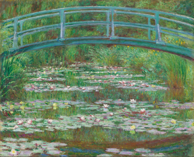 Painting of a Japanese footbridge surrounded by lush greenery and water lilies.