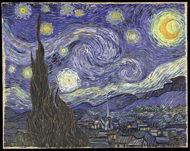 Painting of a starry night sky with swirling patterns and a small town below.